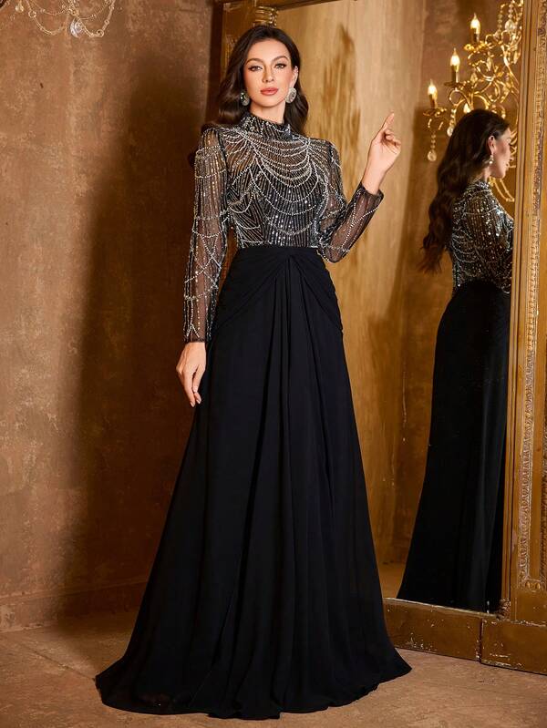  UNITHORSE Women's Elegant Stand Collar Long Sleeve Beaded & Sequin Mesh Chiffon Maxi Evening Dress Wedding Black Spring Party