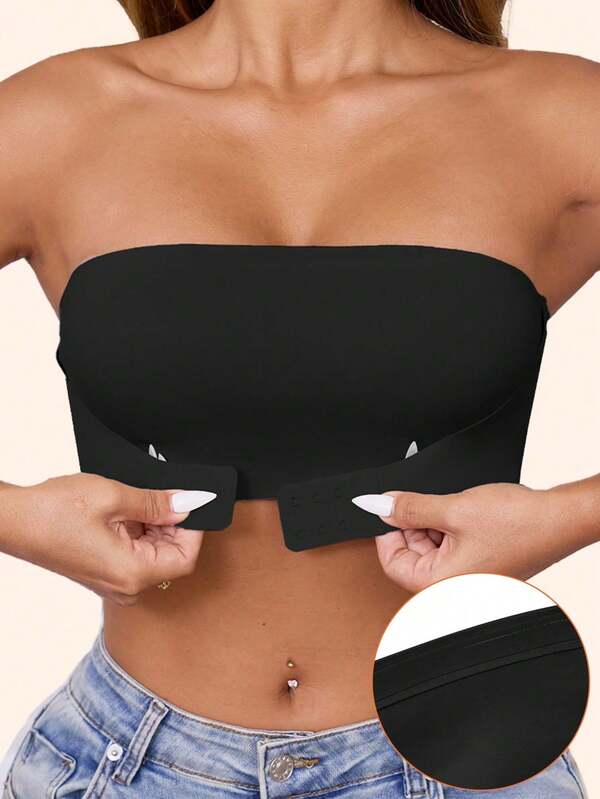 Women's Front Hook Strapless Push Up Bra - Wedding Bridal Lingerie Bandeau, Sexy Wireless Tube Top With Adjustable Anti-Slip Rubber Strips, Comfortable Breathable Black Intimates