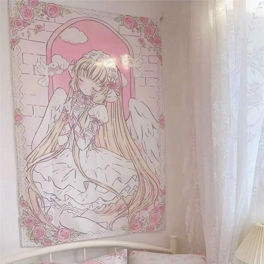 Kawaii Tapestry Cute Anime Girl Background Cloth Pink Cartoon Room Decoration Girl Dormitory Room Wall Hanging Best Gift - 彩色 - 查看 1