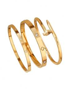 3pcs/1pc Fashion 18K Gold Plated Stainless Steel Four-Leaf Clover Nail Bracelet, Suitable For Women's Party, Daily Wear, European And American Style, Personalized, Generous, Luxury Cubic Zirconia Wristband, Wedding Jewelry Set, Gift For Girls, Women, Relatives, Friends, Beautiful Wedding, Birthday, Valentine's Day