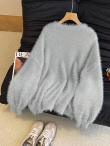 1 pieza Cárdigan de punto de unicolor de piel sintética de marta, adecuado para vacaciones y uso diario, otoño/invierno