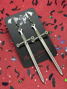 suteyi 1 par de pendientes de espada oscura de Halloween, pendientes de hacha de batalla y hoz, pendientes góticos - Plateado - Ver 9
