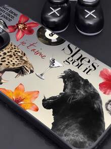 1pc Leopard Floral Patchwork Pattern Black IMD Shockproof Anti-Fingerprint Phone Case Compatible With IPhone 16/16Pro/16Plus/15/15ProMax/15Pro/11/12/13/14ProMax/11Pro/11ProMax/12Pro/12ProMax/13Pro/13ProMax/14Pro/14ProMax, Stylish & Creative