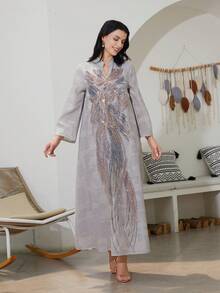 Women's Elegant V-Neck Embroidered Mesh Long Sleeve Kaftan Dress