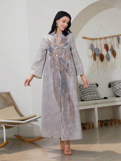 Women's Elegant V-Neck Embroidered Mesh Long Sleeve Kaftan Dress