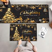 Paillasson thème noir et or de Noël avec design d'arbre de Noël et couronne de renne - résistant à la saleté, léger, convient pour la salle de bain, le salon, la chambre, la cuisine, le bureau - décoration de Noël