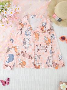 2 件套女孩和青少年休闲卡通猫印花翻领长袖开衫和裤子睡衣套装，阻燃，适合所有季节 - 彩色 - 查看 3