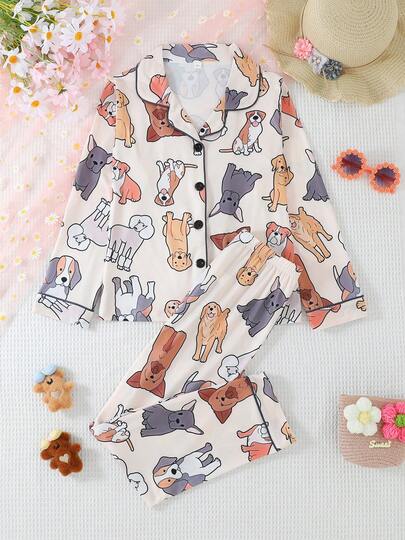 2pcs/Set Girls & Teens Casual Cartoon Puppy Print Lapel Long Sleeve Cardigan And Pants Sleepwear Set, Flame Retardant, All Season