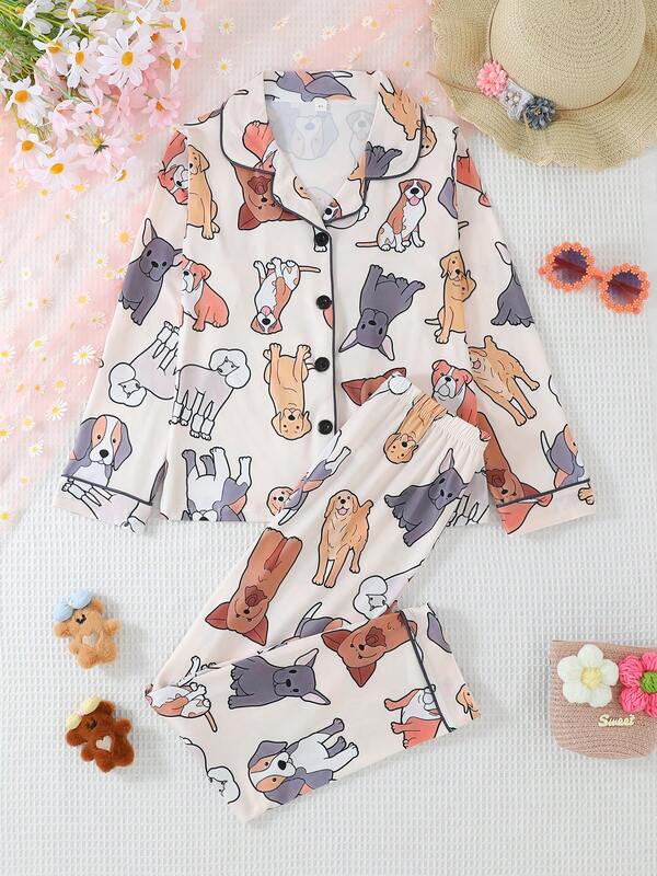 Set de 2 piezas de pijama informal para niñas y adolescentes con estampado de perrito de dibujos animados en cardigan de manga larga con cuello y pantalones, retardante de llamas, para todas las estaciones