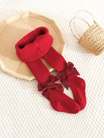 1 件女婴甜美蝴蝶结装饰厚实纯色竖条纹保暖内衬紧身裤，适合女童冬季日常穿着