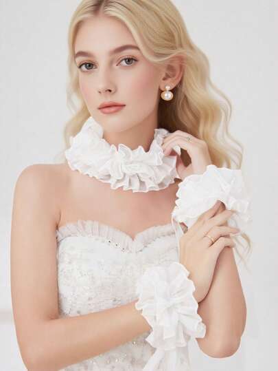 1 Set/1pc Women's Fashion Black/White Chiffon Tie Neck Collar Decor, Ruffle Cuffs Suit, Suitable For Dates, Christmas, Parties, Weddings, Hosting Events, Dress Matching