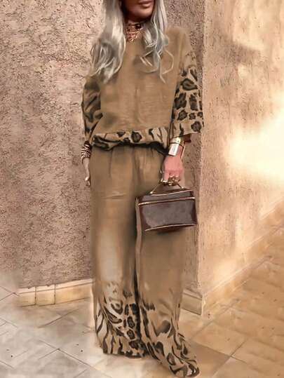 Conjunto de camisa de manga larga y pantalones de talla grande para mujer, elegante, cuello redondo, estampado de leopardo por parches, adecuado para primavera/otoño, uso casual, ajuste regular, atuendo de oficina