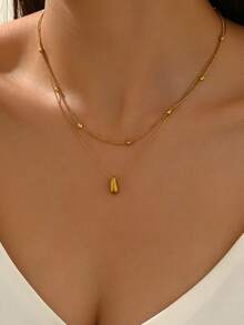 1 pieza Nuevo collar de doble capa con cuentas de espina de pescado minimalista y personalizado, colgante en forma de lágrima, con baño electrolítico - Collar de lágrima de doble capa con cuentas de espiga de pescado - Ver 11