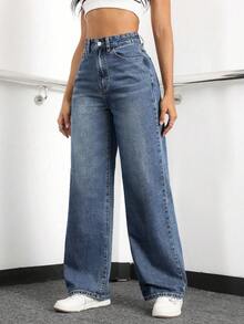 XIANGHE Pantalones vaqueros para mujer de pierna ancha y ajuste holgado con bolsillos para uso diario - Azul lavado oscuro - Ver 4