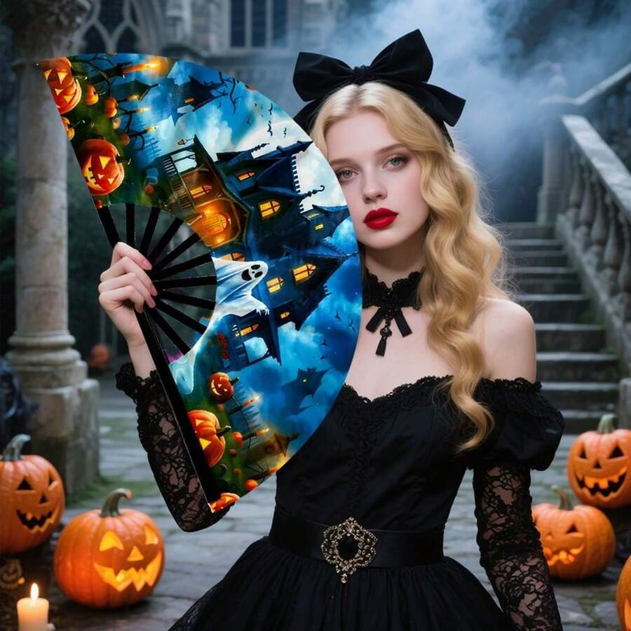 1 Stück Halloween Kürbis & Geist Faltfächer, großer Handventilator geeignet für Tanzen, Partys, Cosplay, Geschenke, Frühling Sommer Accessoires, Brautjungferngeschenke, Zimmer, Schlafzimmerdekoration, Strand, Reisen, für Männer, für Frauen, Urlaub, süße Sachen - Verschiedenfarbig - Übersicht 1