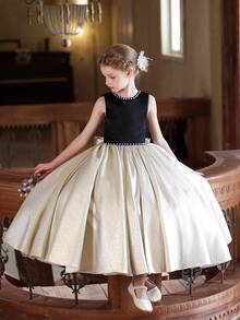 少女金色蝴蝶结 V 领花童派对礼服，优雅的女童公主裙，适合儿童生日派对、花童婚礼、舞会、重要场合和节日