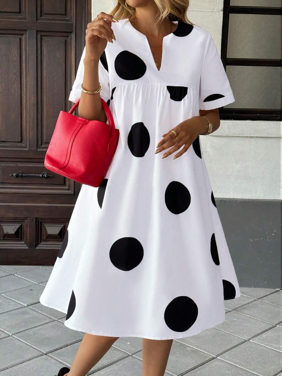 女士V领印花宽松休闲连衣裙，优雅夏季款 - 彩色 - 查看 1