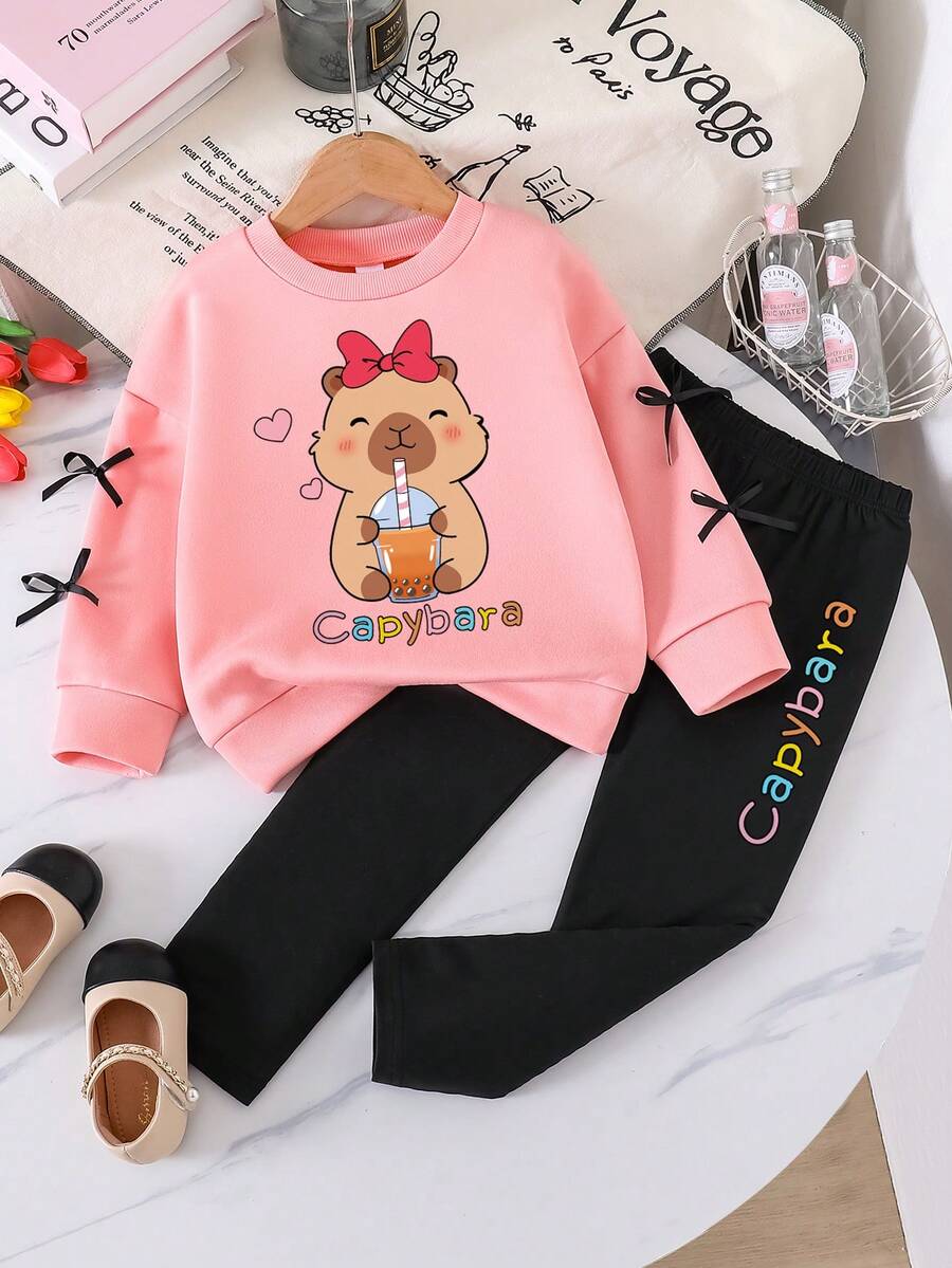 幼儿卡通图案保暖圆领运动衫和紧身裤套装 - 粉色 - 查看 1