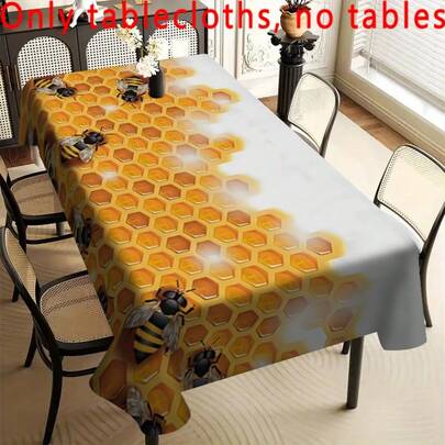 1pc Spring Fairy - Tale Colored Floral And Hexagonal Honeycomb Bee Pattern Tablecloth, Polyester Natural Scenery Modern Aesthetic Tablecloth, Waterproof And Oil - Proof Tablecloth, Rectangular Minimalist - Style Tablecloth, Suitable For Daily Home Dining Decoration, Themed Events, Usable Indoors And Outdoors .