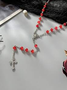 1pc Gothic Style Personalized Cross Beaded Necklace, Suitable For Women's Daily Or Party Wear, Halloween Accessory