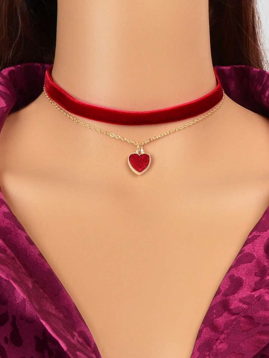 1pc Vintage Gold Chain Heart Pendant Necklace, Graduation Gift, Party Jewelry - Red - View 1
