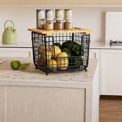 1pc Wire Storage Basket With Wood Top For Kitchen Pantry, Stackable Kitchen Counter Organizers - Kitchen Organization Counter Basket For Fruit, Vegetable, Produce, Bread, Potato And Onion Storage Bin