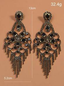 1pair Exaggerated Gold Tone Fringe Earrings With Rhinestone Flower Design Valentines,Mom,Mother,Mother's Day,Gift - Gold - View 7