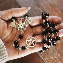 1pc Vintage Gothic Bat Pendant Necklace - Movable Wing Charm & Pentagram Drop On Black Bead Chain, Vampire Bat Witch Pagan Dark Bohemian Jewelry Gift For Women Men Party Halloween Accessory