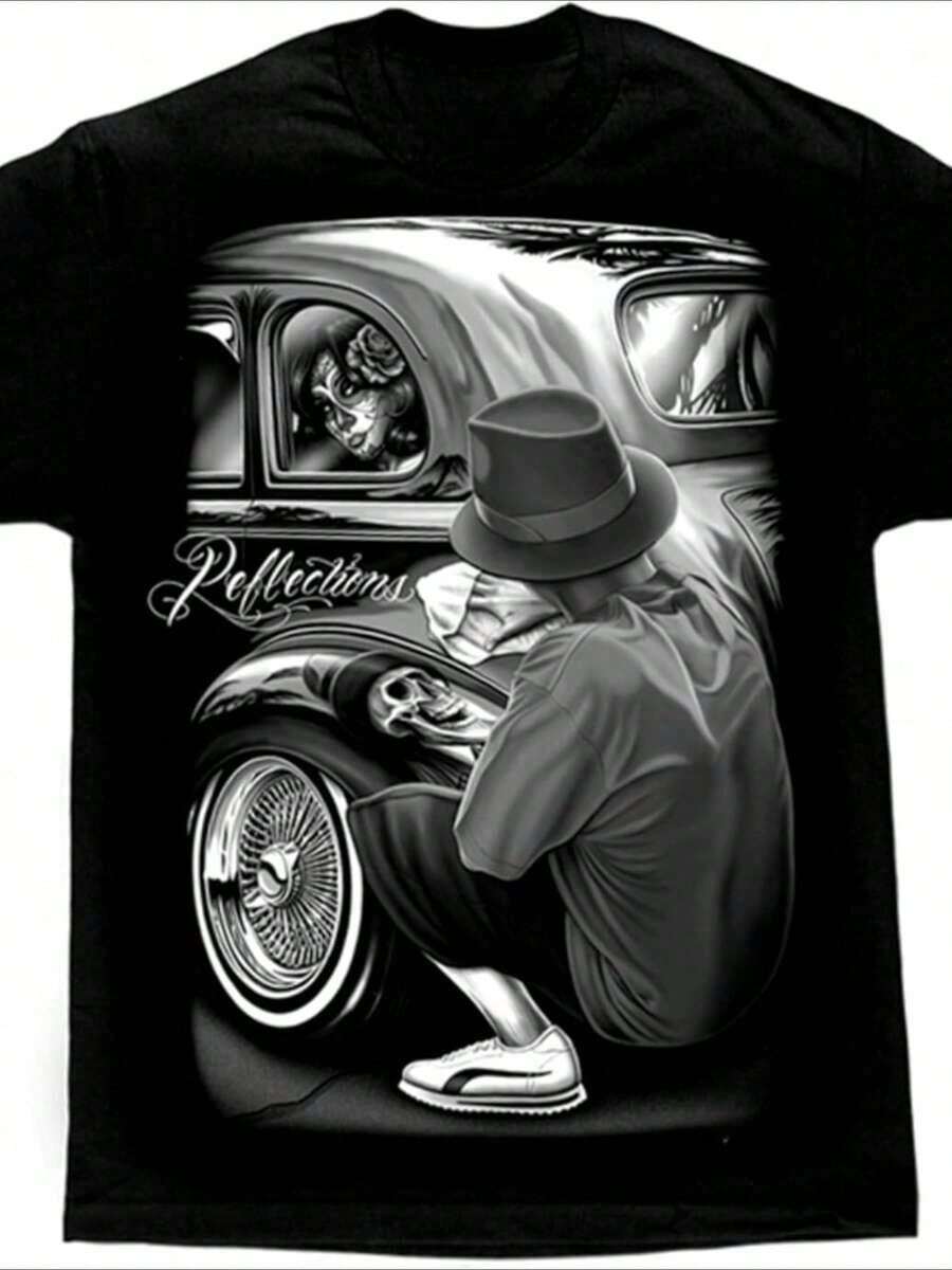 Men's T-Shirt With Digital Print Of 220 G From DGA Art "Reflections Lowrider Skull" - 黑色 - 查看 1