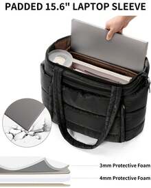 Puffer Tote Bag For Women, Lightweight Puffy Work Handbag Teacher Nurse Quilted Shoulder Bag For School Travel Gym - màu đen - Xem 7