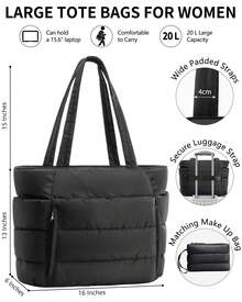 Puffer Tote Bag For Women, Lightweight Puffy Work Handbag Teacher Nurse Quilted Shoulder Bag For School Travel Gym - màu đen - Xem 2