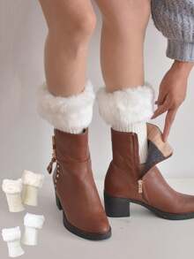 1 Paio di Scaldamuscoli Caldi da Donna, Scaldamuscoli Corti Imbottiti e Lavorati a Maglia Rigati per Autunno/Inverno, Scaldamuscoli Corti con Bordo Soffice di Colore Unito