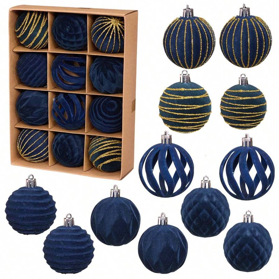 Christmas Velvet Ball Ornaments Set, 12 Pcs Shiny/Cutout Christmas Tree Ball Hanging Decorations - 藍色 - 查看 1
