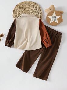 2 Stücke Jungen Vintage Cord Set, Kontrastfarben Fake Tasche Design Kragen Langarm Strickjacke + Einfarbige Gerade Bein Hose, geeignet für Lässig Ausflüge, Schule, Sport, Festivals, Alltags Tragen im Frühling und Herbst