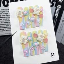 10 Pieces/Set Super Long Water Pipe Nails Macaron Flocked Bear Cute Handmade Wearable Nails Wearable Nail Stickers Suitable For Daily Commuting Outings Vacation Party Christmas Halloween Valentine's Day Or Mother's Day Gifts For Friends, Family, Girlfriend - Ống nước dài - Xem 7