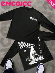 EMCGICC Street Life Men's Y2k Style (250 Cotton T-Shirt) Long Sleeve Shirt, Cotton Graphic T-Shirt, Men's Hip Hop Style - Long Sleeve T-Shirt, Fun Vintage Shirt, Regular Fit, Street Style, Halloween, Digital Print, Ideal Gift - 黑色 - 查看 1