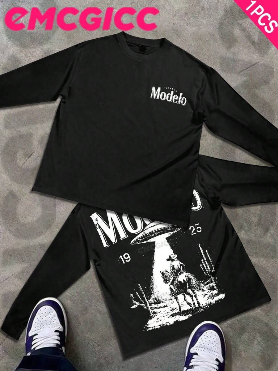 EMCGICC Street Life Men's Y2k Style (250 Cotton T-Shirt) Long Sleeve Shirt, Cotton Graphic T-Shirt, Men's Hip Hop Style - Long Sleeve T-Shirt, Fun Vintage Shirt, Regular Fit, Street Style, Halloween, Digital Print, Ideal Gift - 黑色 - 查看 1