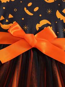 فستان كنزة صوفية مضفر بطبعة اليقطين للبنات مع تنورة من الشبك وحزام، مناسب لهدية حفلة هالوين، خريف/شتاء