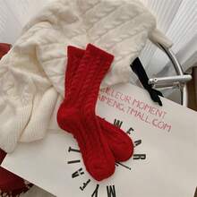 1 Pair Winter & New Year Wool Blend Striped Mid-Calf Socks For Women, Warm & Soft Fleece Lined Christmas Red Socks - Multicolor - View 7