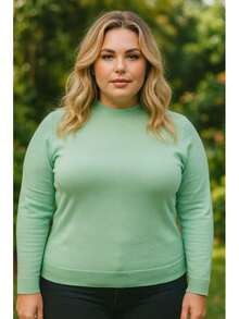 Women's Plus Size Cold Weather Blouse | Plus Size Elastane Blouse | Basic Plus Size Round Neck - 水綠色 - 查看 1