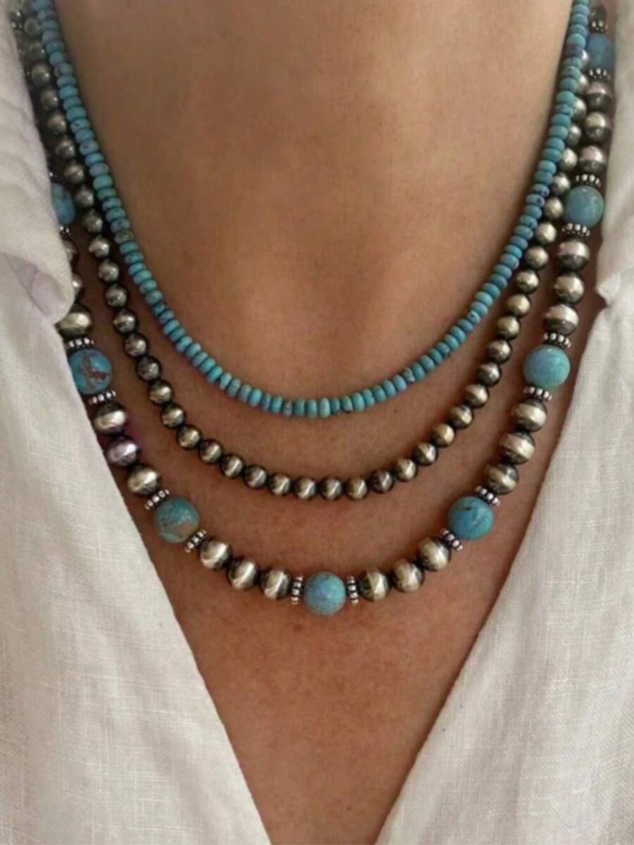 Vintage Beaded Necklace, Retro Western Style Turquoise Necklace Suitable For Women, Handmade Multilayer Beaded Jewelry Set Of 3, Versatile Accessory - Multicolor - View 1