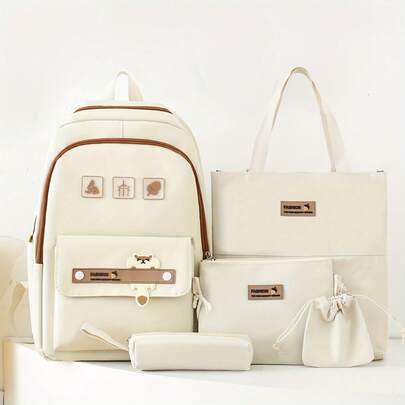 5 Pieces Cute Cartoon School Backpacks, 1 Set Of College Style Travel School Bag Backpack With Handbag Crossbody Bag Pencil Case And Drawstring Storage Bag For Sixth Form