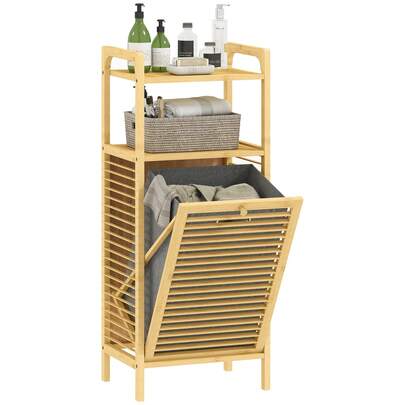  HOMCOM Bamboo Laundry Cabinet With Slatted Door, Bathroom Cabinet With Tilt-Out Hamper And Removable Liner Bag, 40 X 30D X 95 Cm, Natural Wood Finish