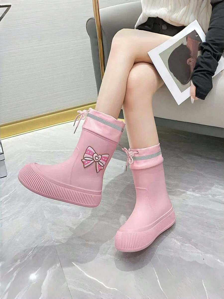 儿童雨鞋女成人韩版防滑可爱甜美蝴蝶结学生防水保暖内衬靴女外穿水鞋 - 粉色 - 查看 1