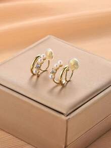 1 对时尚仿珍珠和水钻双排夹式耳环，优雅个性化蚊香夹式耳环，适合女士日常佩戴和节日礼物