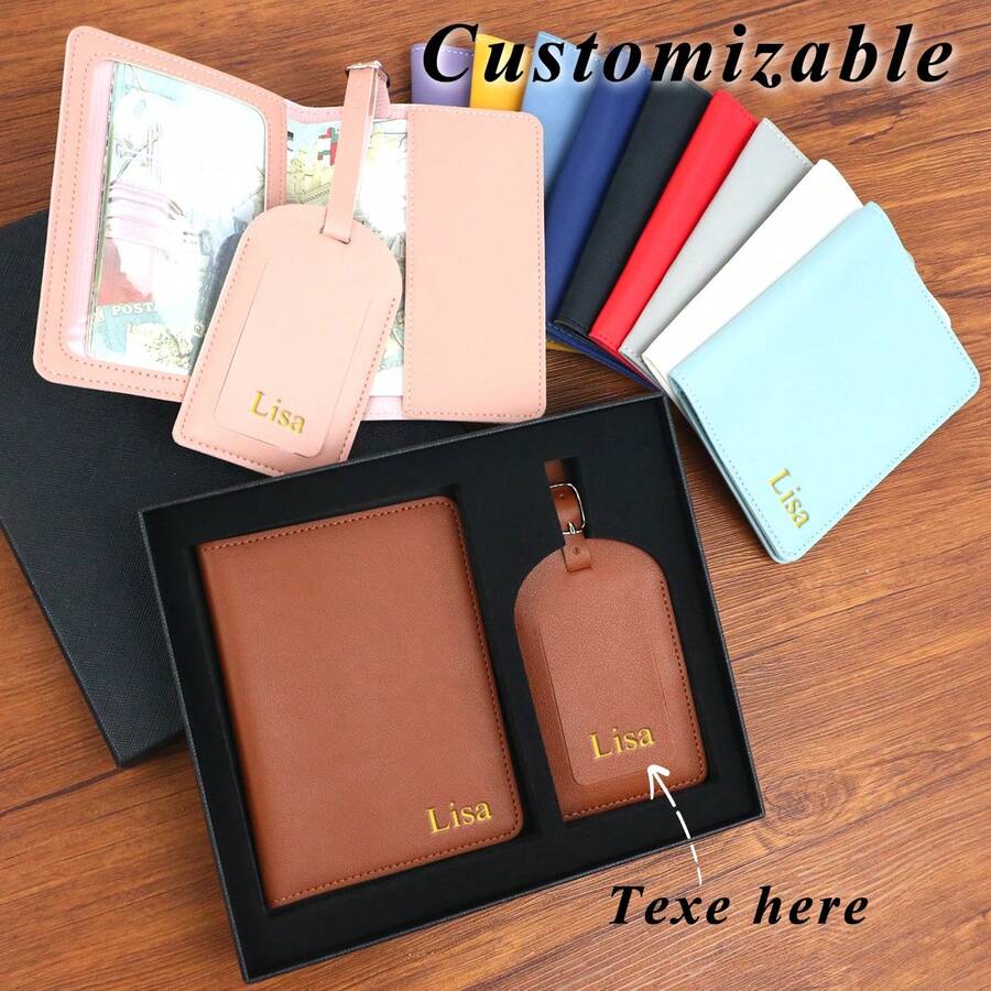 Bộ quà tặng gồm ví đựng hộ chiếu và thẻ hành lý bằng da PU Saffiano khắc chữ theo yêu cầu, dành cho cả nam và nữ, kèm hộp quà, phụ kiện du lịch, và ví đựng hộ chiếu và thẻ hành lý khắc chữ theo yêu cầu dành cho nữ. - Hồng - Xem 1