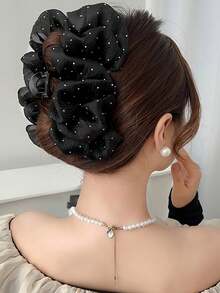 1pc/2pcs Women's Elegant And Sweet Black Fabric Mesh Clouds, Glitter Permed Rhinestone Bow Large Grab Clip Ponytail Hair Updo Hair Claw Is Suitable For Daily Matching Clothing, Hairstyle Dressing Hair Accessories Fall Claw Clip Fashion Hair Clip Autumn Hair Clutch Winter Accessories For Vacation Outfits Woman