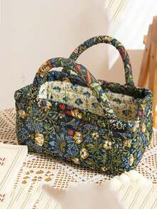 Floral Pattern Storage Basket Women Quilted Floral Laundry Baskets Small Storage Bin Laundry Organizers Easy Carry Handles Hampers Travel Tote Bag - Multicolor - View 3