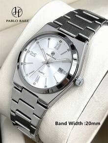 Montre d'affaires charmante pour hommes PABLO RAEZ d'origine. Montre de luxe de marque vintage. Accessoires d'été et de plage, bijoux. Bracelet en acier inoxydable. Boîtier en acier non terni de couleur argent et noir. Aiguilles luminescentes. Résistante à l'eau jusqu'à 50 m. Affichage simple du calendrier et de la semaine. Cadran avec chiffres romains et graduation. Cadeau de mariage