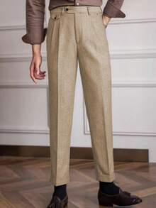 Mens Pants Wool Tweed Herringbone Vintage Dress Pant Trousers Regular Fit Suit Pants For Men - 香檳色 - 查看 3